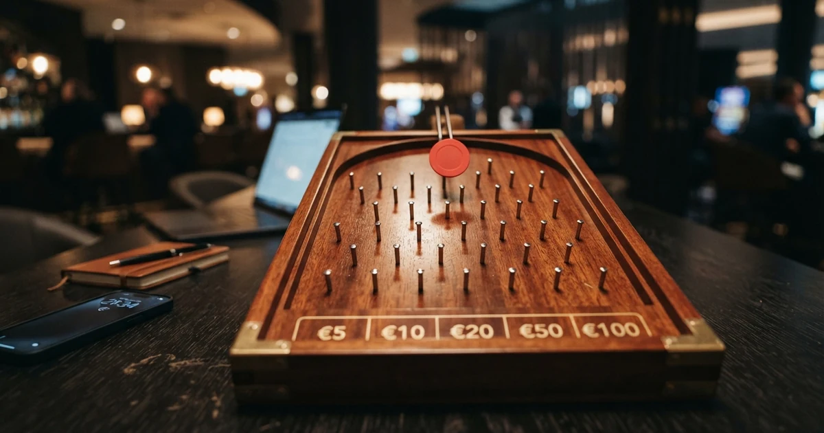 Plinko-Spielbrett mit farbigen Multiplikator-Feldern am unteren Rand, eine Kugel fällt durch Reihen von versetzten Pins