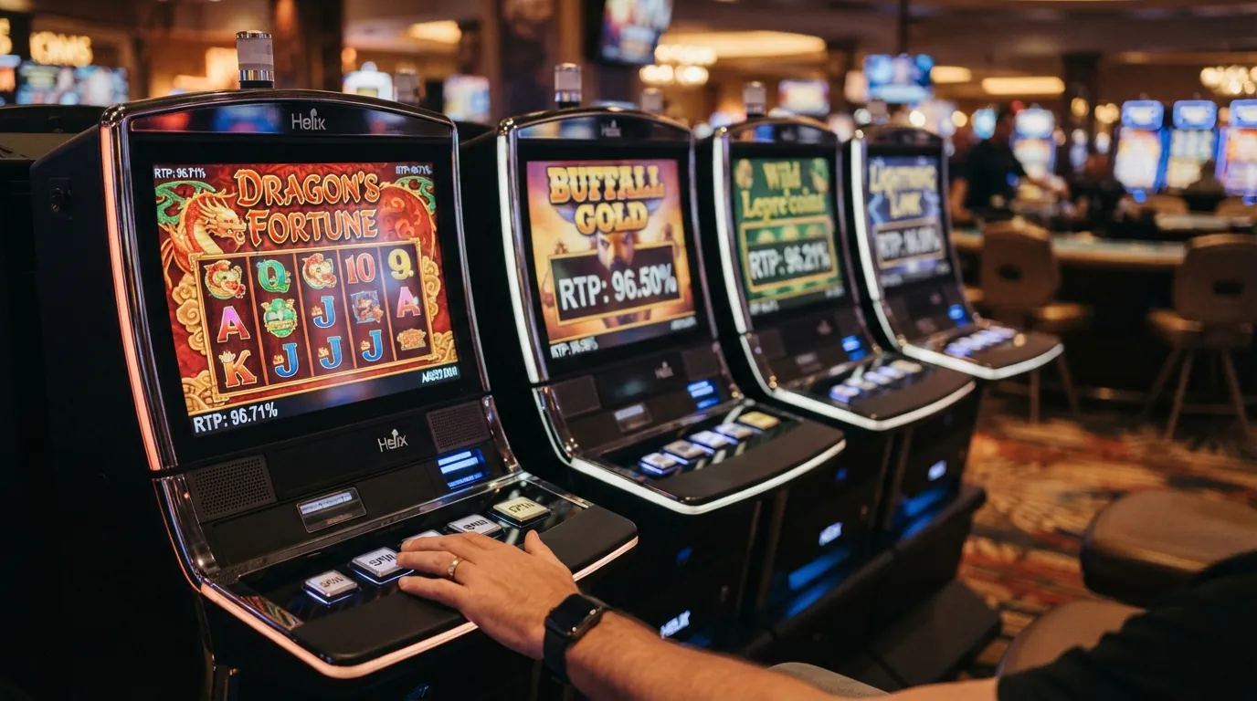 Vier Spielautomaten-Bildschirme mit eingeblendeten RTP-Prozentzahlen (96,71 %, 96,50 %, 96,21 %, 96,09 %) und Spielnamen