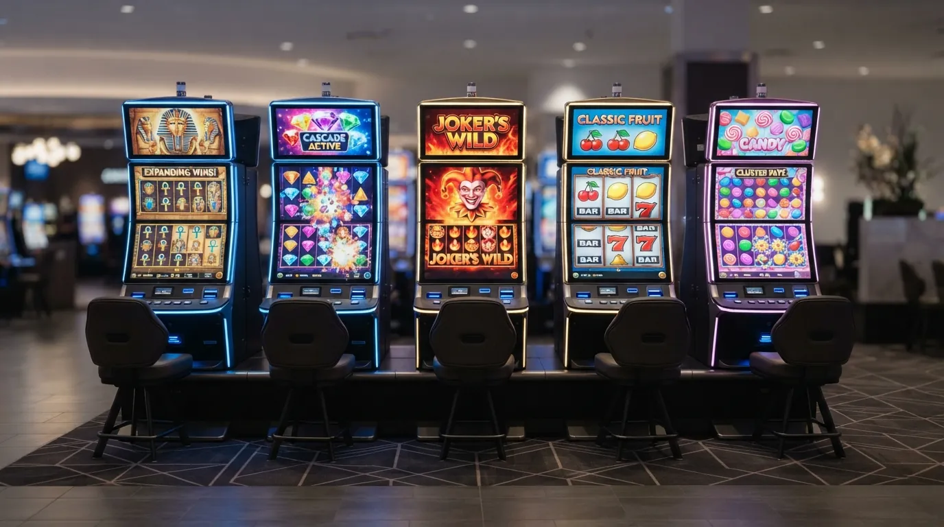 Fünf Spielautomaten-Screenshots nebeneinander: Book of Dead, Starburst, Fire Joker, Eye of Horus und Sweet Bonanza, jeweils mit eingeblendetem RTP-Prozentsatz und Volatilitäts-Balken