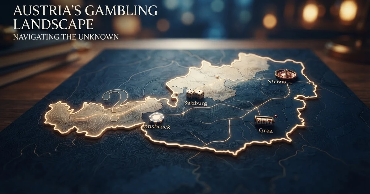 Eine stilisierte Österreich-Karte mit digitalen Casino-Elementen und einem Fragezeichen über nicht markierten Anbietern