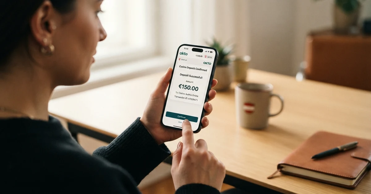 Okto-Wallet-App auf einem Smartphone mit Casino-Einzahlungsbestätigung und QR-Code