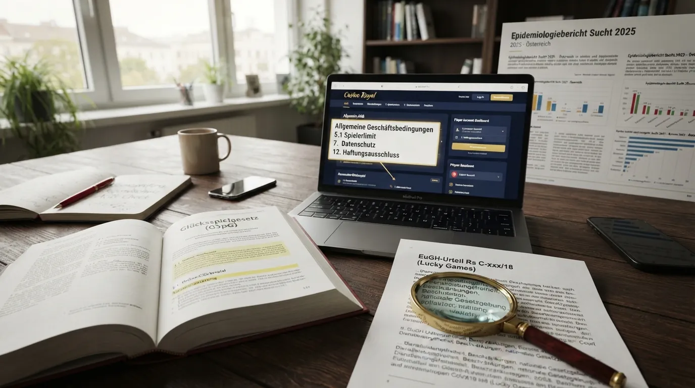 Ein Schreibtisch mit aufgeschlagenem GSpG-Gesetzestext, einem Bildschirm mit Casino-AGB, dem Epidemiologiebericht Sucht 2025 und einer Lupe über einem EuGH-Urteil