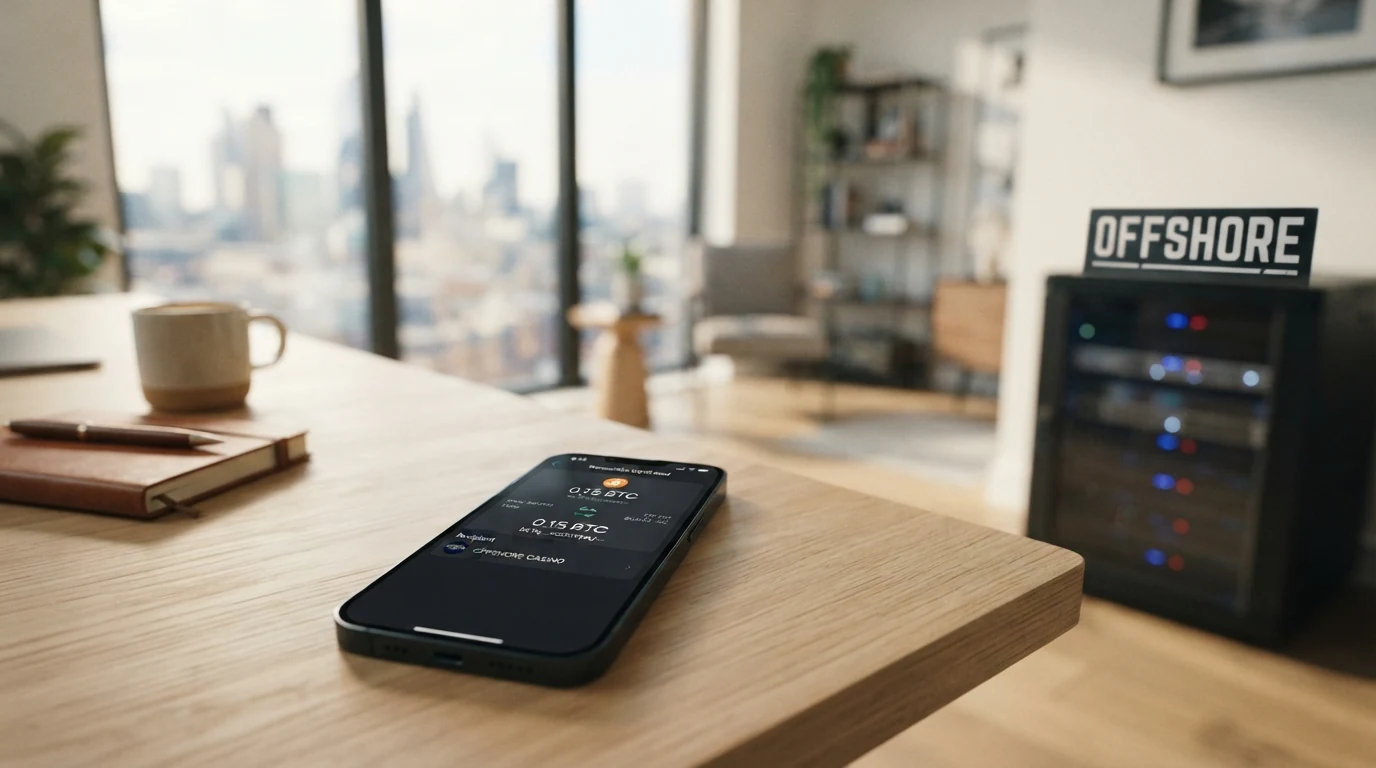 Eine Krypto-Wallet-App auf einem Smartphone, das Display zeigt eine Transaktion an ein Casino — im Hintergrund ein Server-Rack mit dem Schlagwort „Offshore“