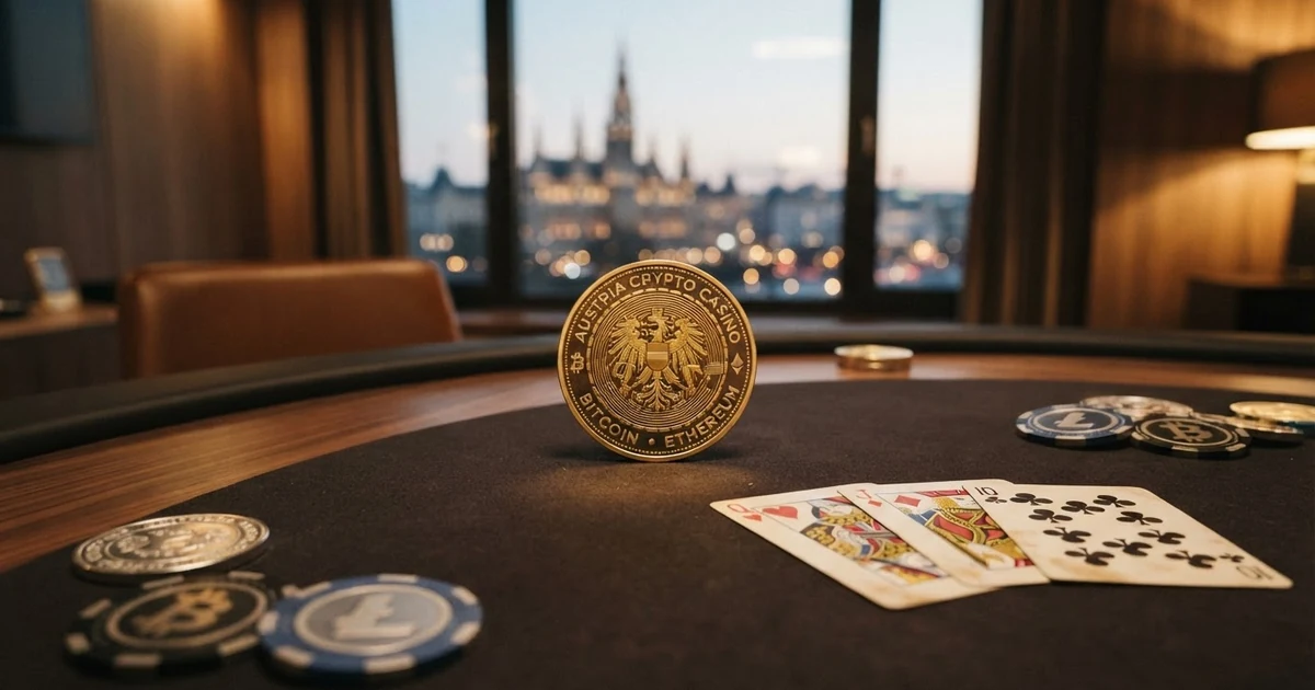 Eine goldene Bitcoin-Münze auf einem digitalen Casino-Tisch mit virtuellen Spielchips und Karten in futuristischer Optik