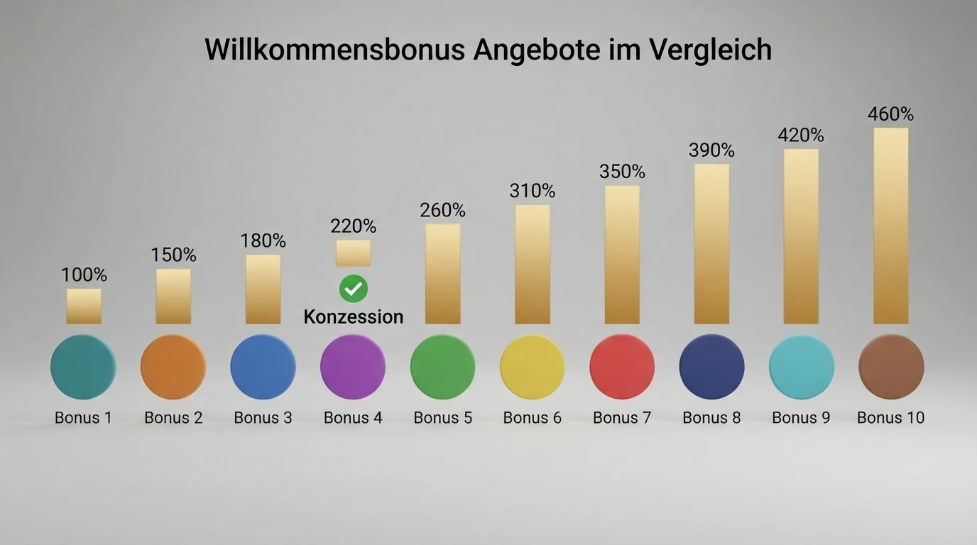 Eine tabellarische Gegenüberstellung mit Casino-Logos und farblich markierten Bonus-Prozentsätzen von 100 % bis 460 %, ein Logo ist mit einem Haken und der Beschriftung „Konzession“ hervorgehoben