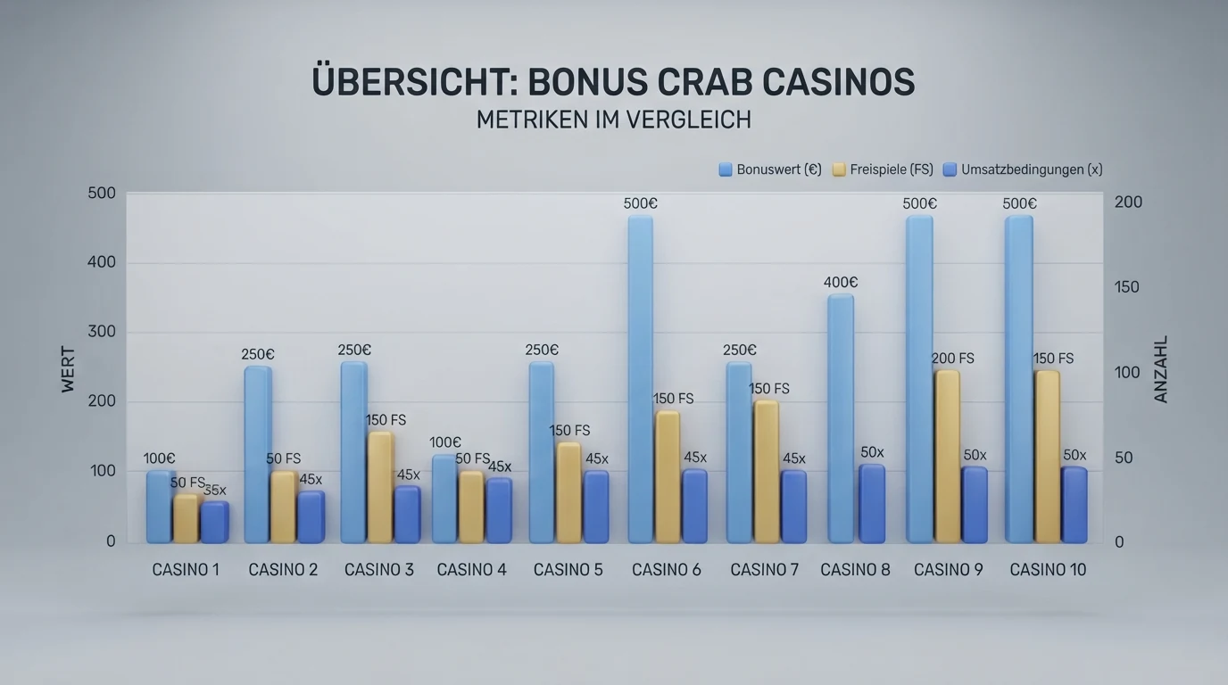 Eine Bildschirmansicht mit Casino-Logos und Bonus-Daten in tabellarischer Übersicht für den direkten Vergleich