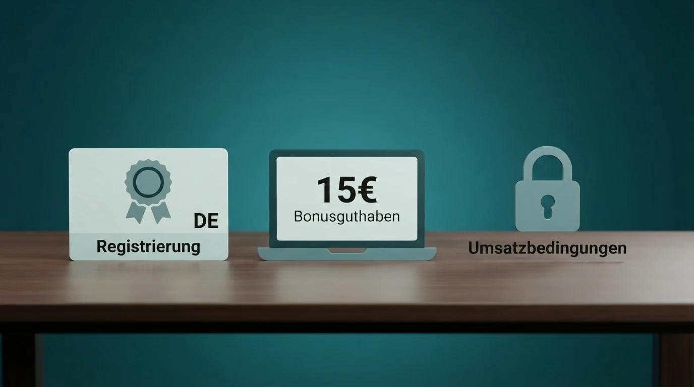 Eine dreistufige Infografik-Darstellung: Registrierung, Bonusgutschrift und Umsatzhürde — mit einem Schloss-Symbol auf der Auszahlung, das die Bedingungen visualisiert