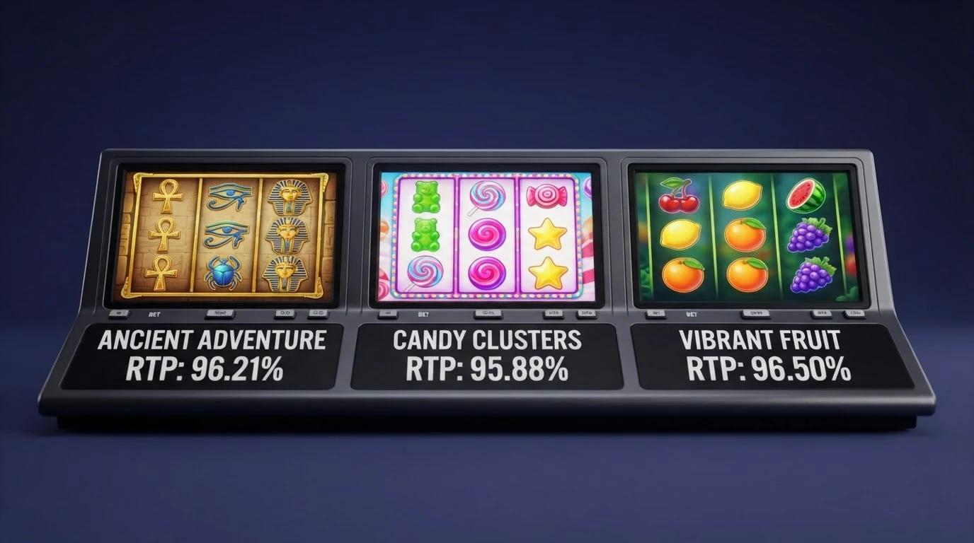 Drei Spielautomaten-Walzen mit unterschiedlichen Symbolen — Book of Dead, Sweet Bonanza und Fruit Party — vor einem Dashboard mit Prozentwerten