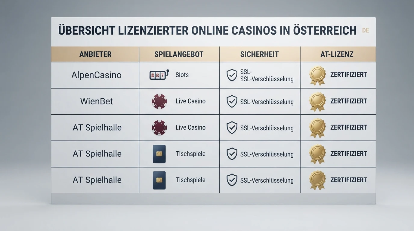 Vergleichstabelle oder Übersicht mehrerer Casino-Logos mit hervorgehobenem Lizenzstatus und Bonus-Angeboten