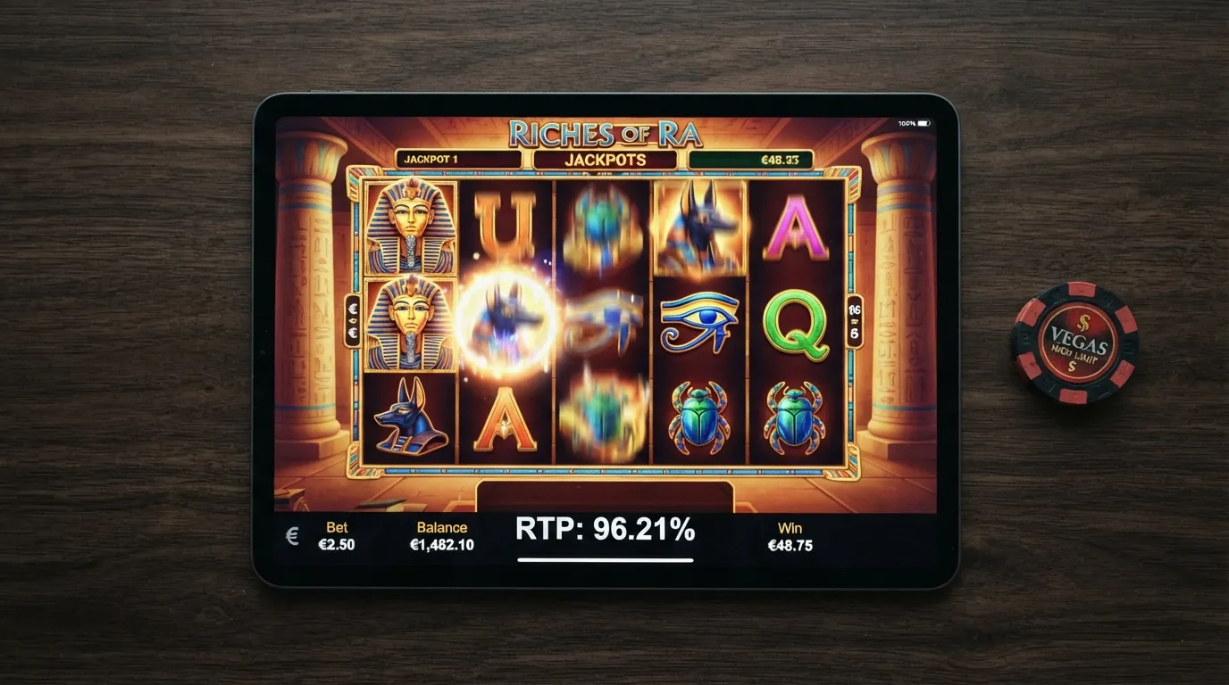 Der Spielautomat Book of Dead auf einem Tablet-Bildschirm, die Walzen in Bewegung, daneben eine eingeblendete RTP-Angabe von 96,21 %