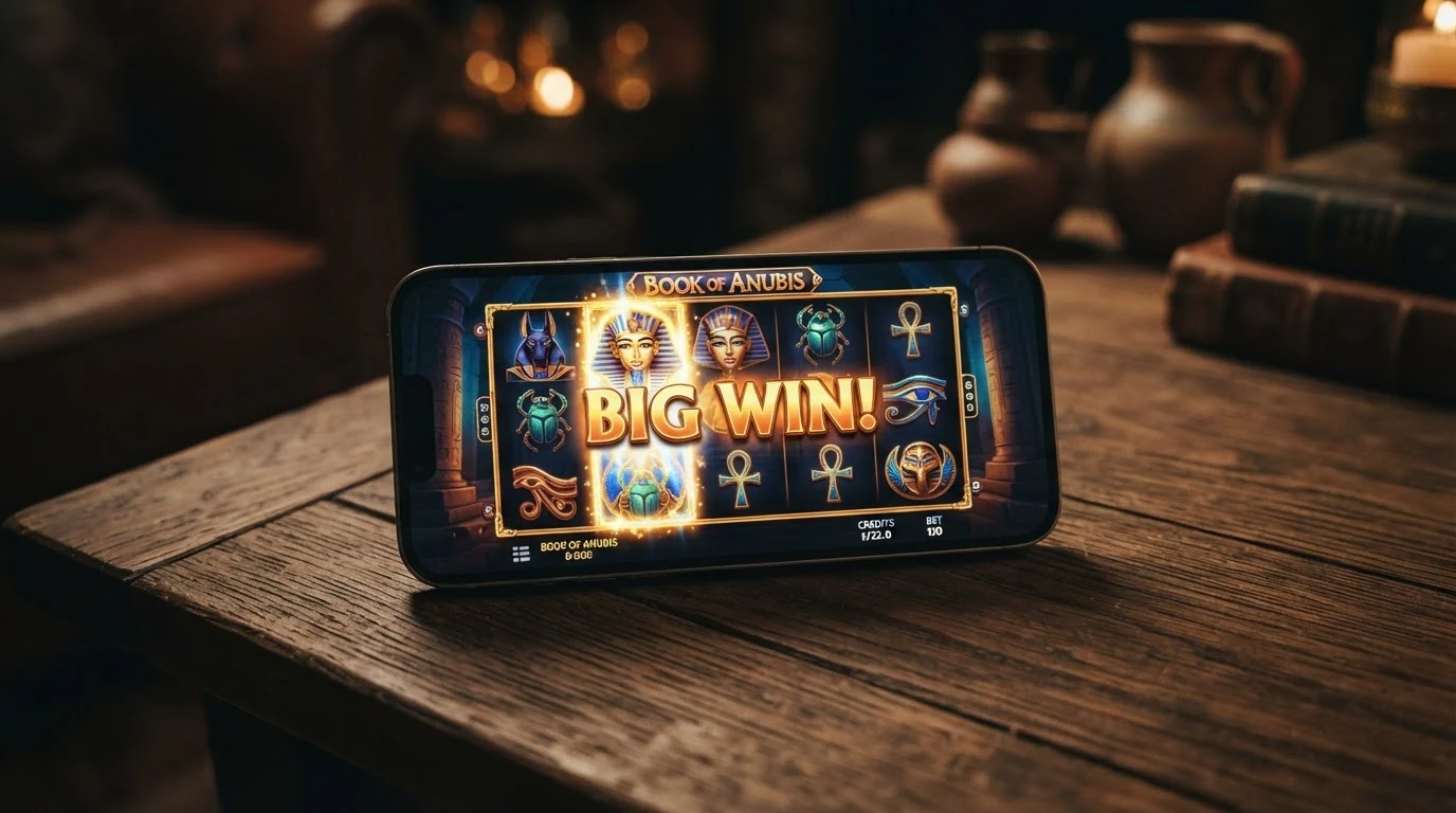 Spielbildschirm des Slots Book of Dead mit den Walzen und ägyptischen Symbolen, das Freispiel-Feature ist aktiv