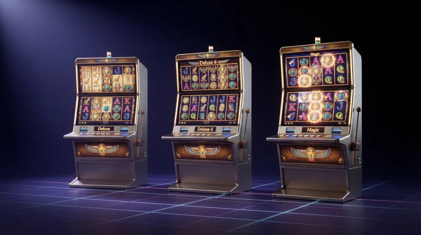 Drei Book of Ra Spielvarianten nebeneinander: Deluxe mit 5 Walzen, Deluxe 6 mit 6 Walzen und Magic mit Spezial-Freispielrunde