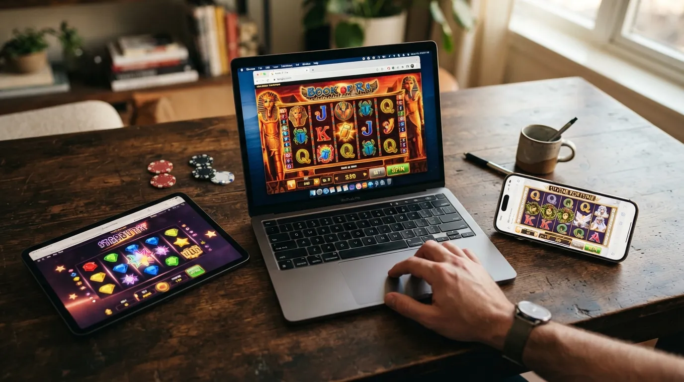 Bildschirm mit mehreren geöffneten Browser-Tabs, die verschiedene Spielautomaten (Book of Dead, Starburst, Gates of Olympus) im Sofortspiel-Modus zeigen