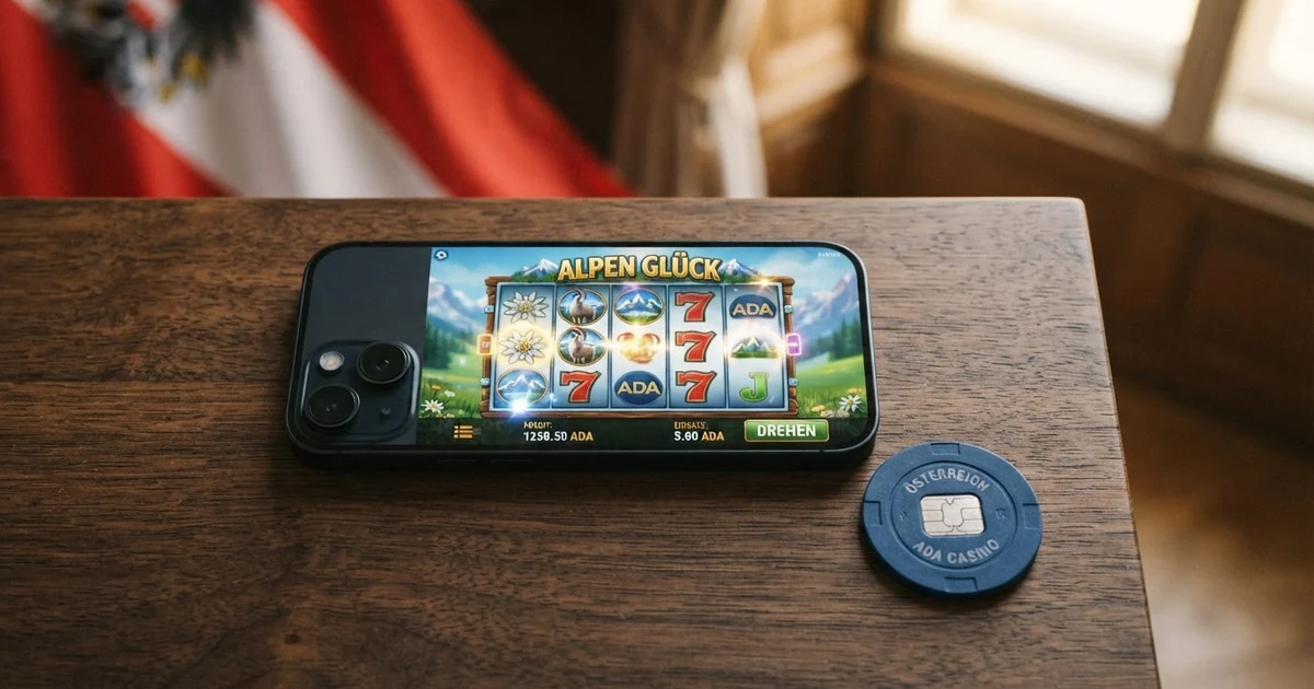 Eine digitale Illustration: ADA-Cardano-Logo neben einem Casino-Chip und dem Schriftzug „Online-Casino“, im Hintergrund die österreichische Flagge und ein durchgestrichenes win2day-Logo