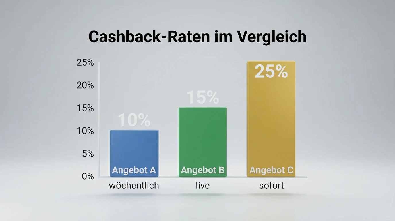 Eine tabellarische Übersicht mit Casino-Namen, daneben Prozentangaben und Frequenzbezeichnungen wie „wöchentlich“ oder „live“.