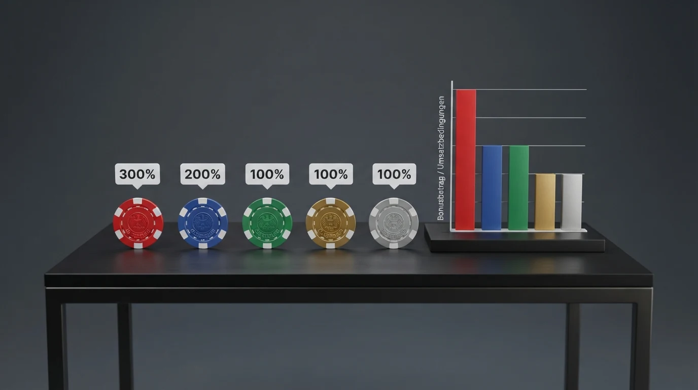 Eine tabellarische Übersicht mit Casino-Logos, Bonus-Prozentsätzen und farblich markierten Bedingungsspalten
