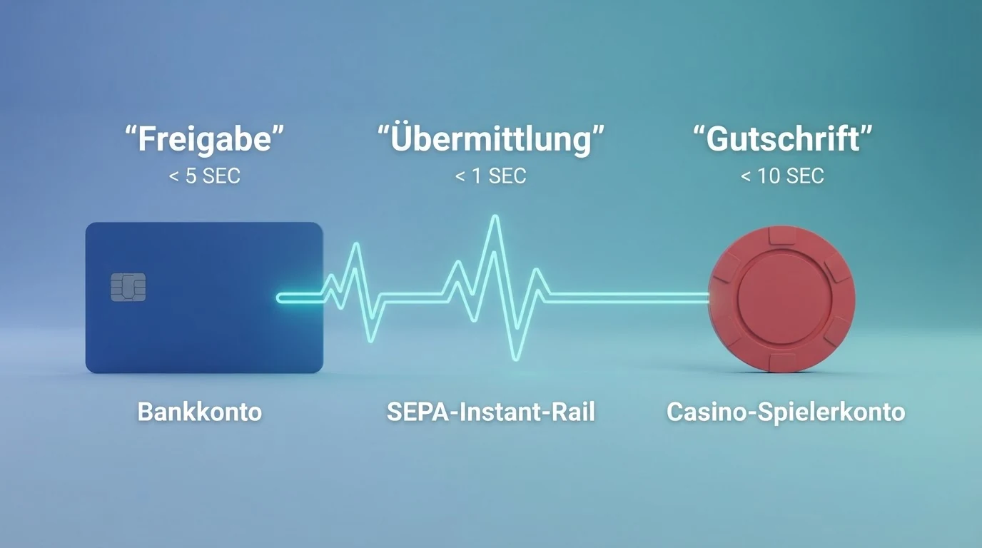 Eine schematische Darstellung des Einzahlungswegs: Bankkonto → SEPA-Instant-Rail → Casino-Spielerkonto, mit Zeitangaben für jeden Schritt (Freigabe, Übermittlung, Gutschrift)