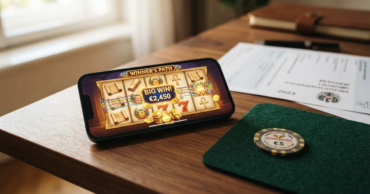 Ein Spielautomat mit leuchtenden Walzen und Gewinnsymbolen auf dem Bildschirm, daneben ein Smartphone mit geöffneter Casino-App, im Hintergrund angedeutet ein österreichischer Steuerbescheid
