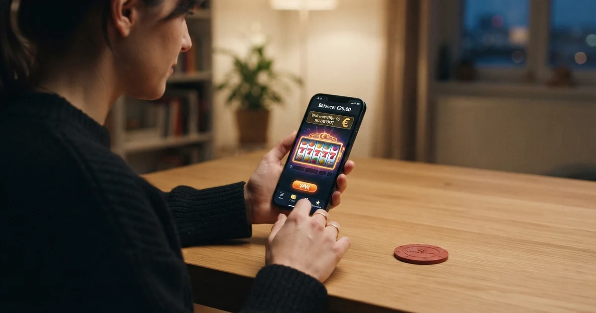 Ein Smartphone mit geöffneter Casino-App und einem durchgestrichenen „Ohne Einzahlung“-Schriftzug, daneben ein Euro-Symbol