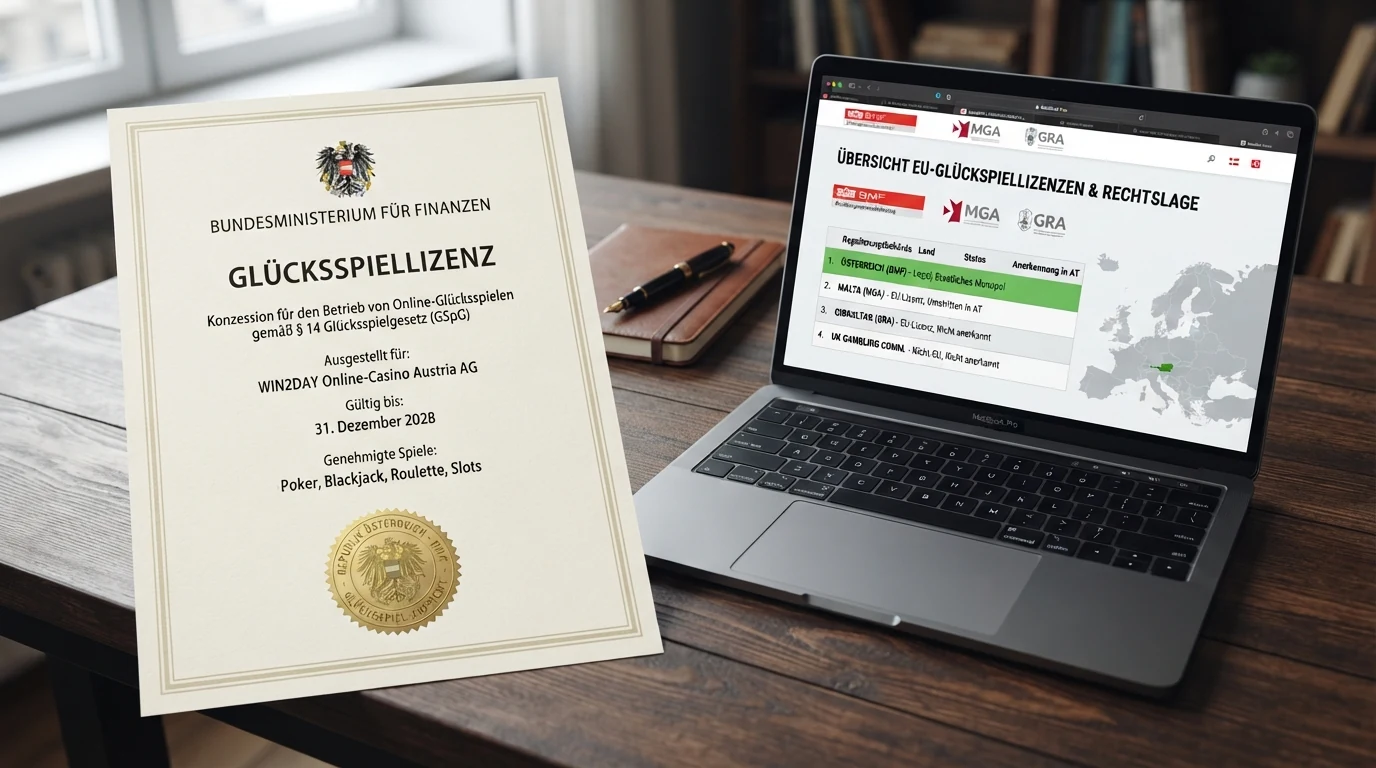 Amtliches österreichisches Konzessionsdokument neben Logos von MGA- und weiteren EU-Lizenzbehörden — das GSpG-Monopol im internationalen Kontext