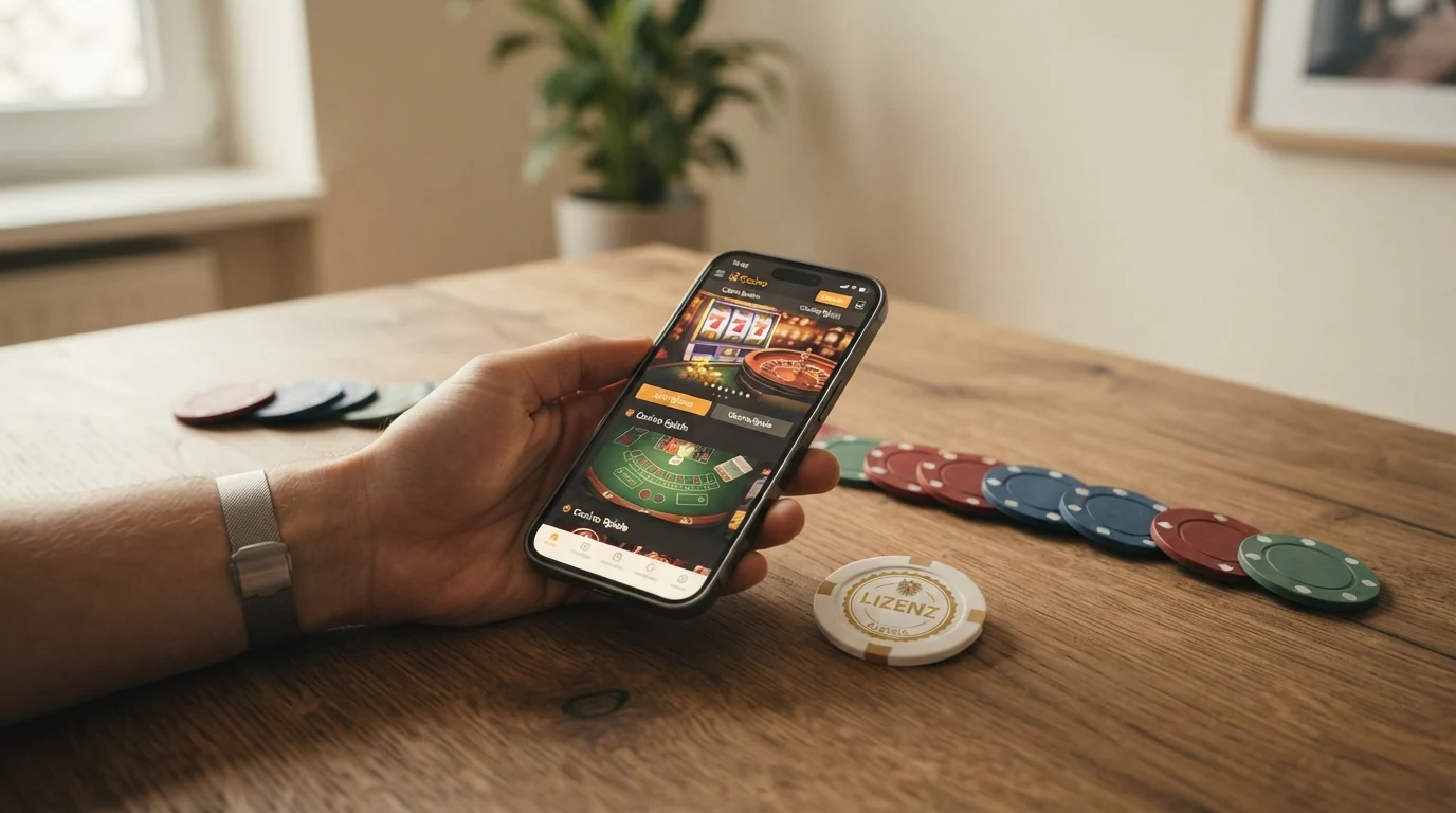 Symbolbild: Eine Reihe von Casino-Logos, wobei nur ein Logo mit einem grünen „AT-Konzession“-Siegel markiert ist, die übrigen mit grauem „Keine AT-Konzession“-Hinweis