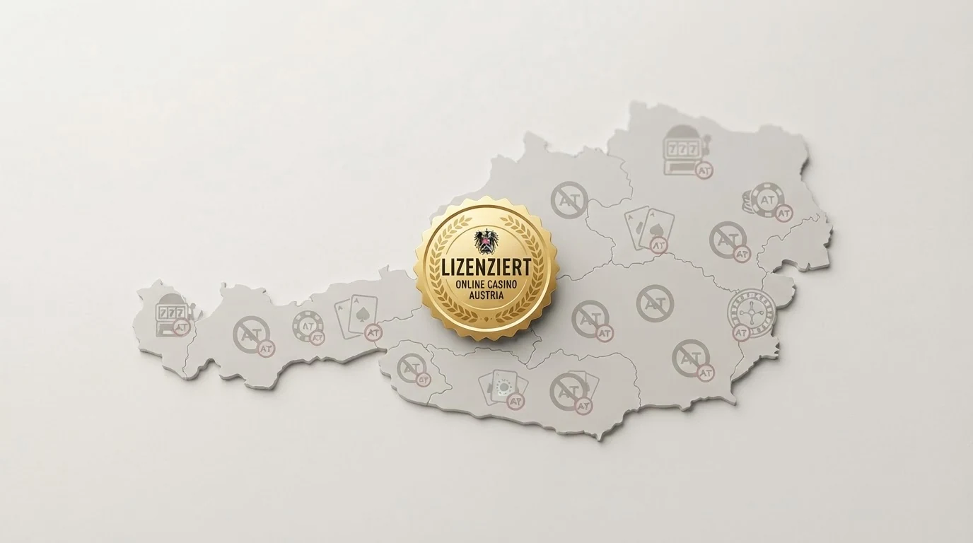 Eine stilisierte Österreich-Karte mit dem win2day-Logo als einzigem Marker, umgeben von ausgegrauten internationalen Casino-Logos, die mit einem durchgestrichenen „AT“-Symbol versehen sind