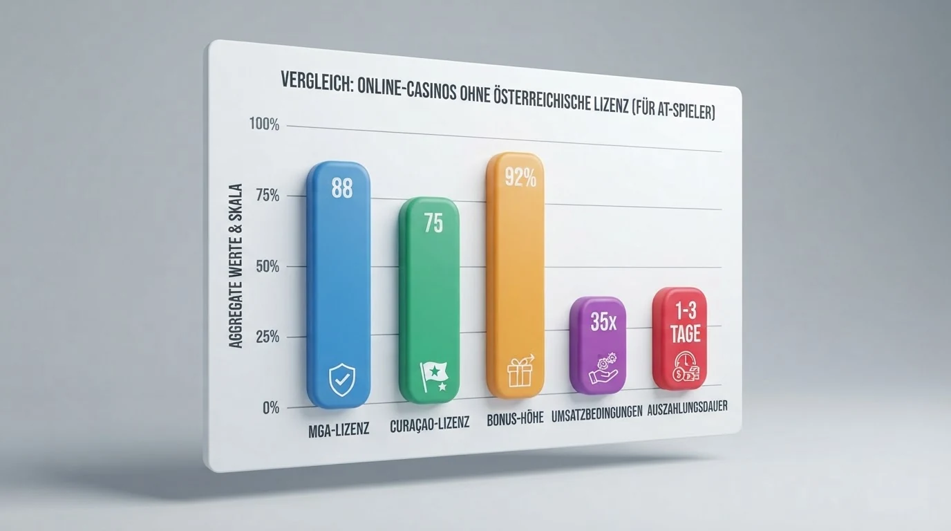Eine übersichtliche Vergleichstabelle mit den zehn vorgestellten Casino-Betreibern, ihren Lizenztypen und den wichtigsten Bonus-Kennzahlen