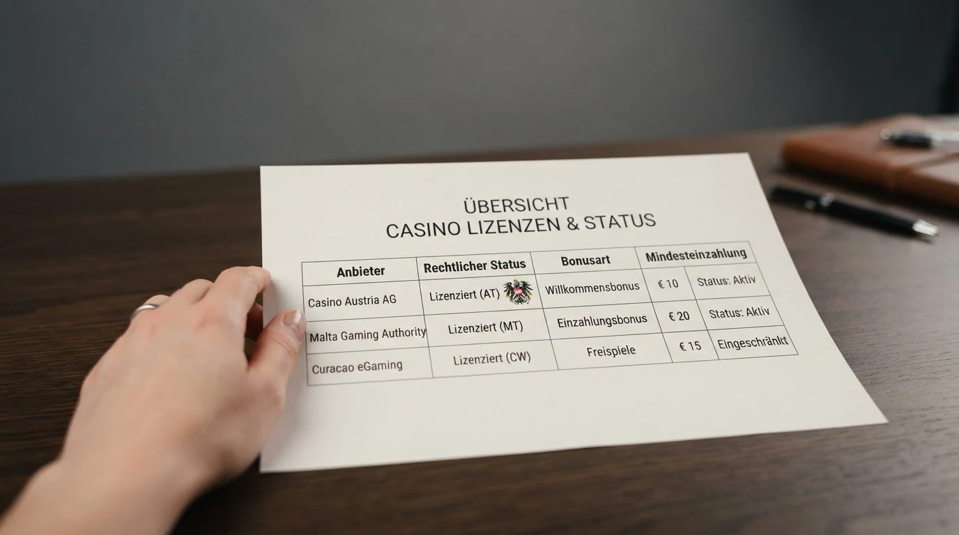 Eine Übersicht der zehn im Artikel verglichenen Casino-Logos mit einer farblichen Markierung: ein Operator mit grüner AT-Fahne für die österreichische Konzession, die übrigen neun mit neutraler Kennzeichnung