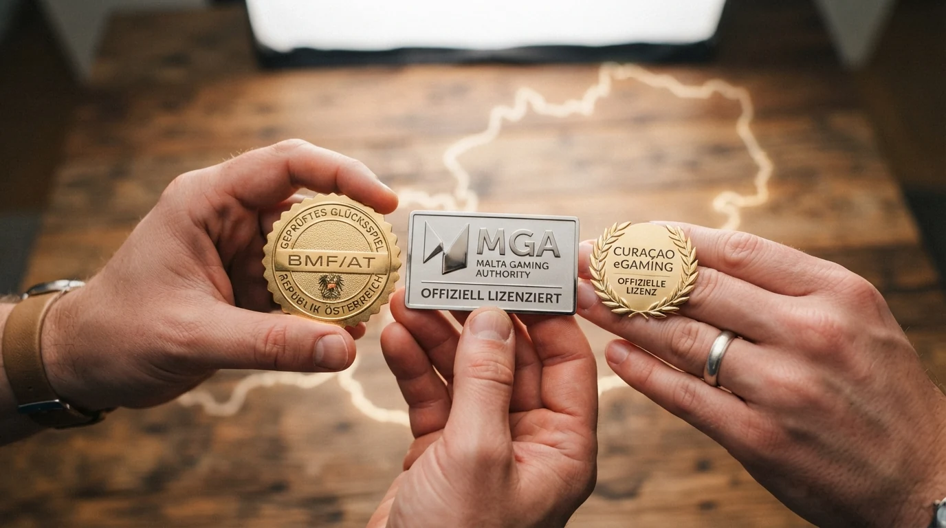 Drei stilisierte Lizenzsiegel nebeneinander: ein rundes Siegel mit der Aufschrift BMF/AT, ein zweites mit MGA und ein drittes mit Curaçao eGaming — darunter jeweils der Vermerk zur Rechtssicherheit für österreichische Spieler.