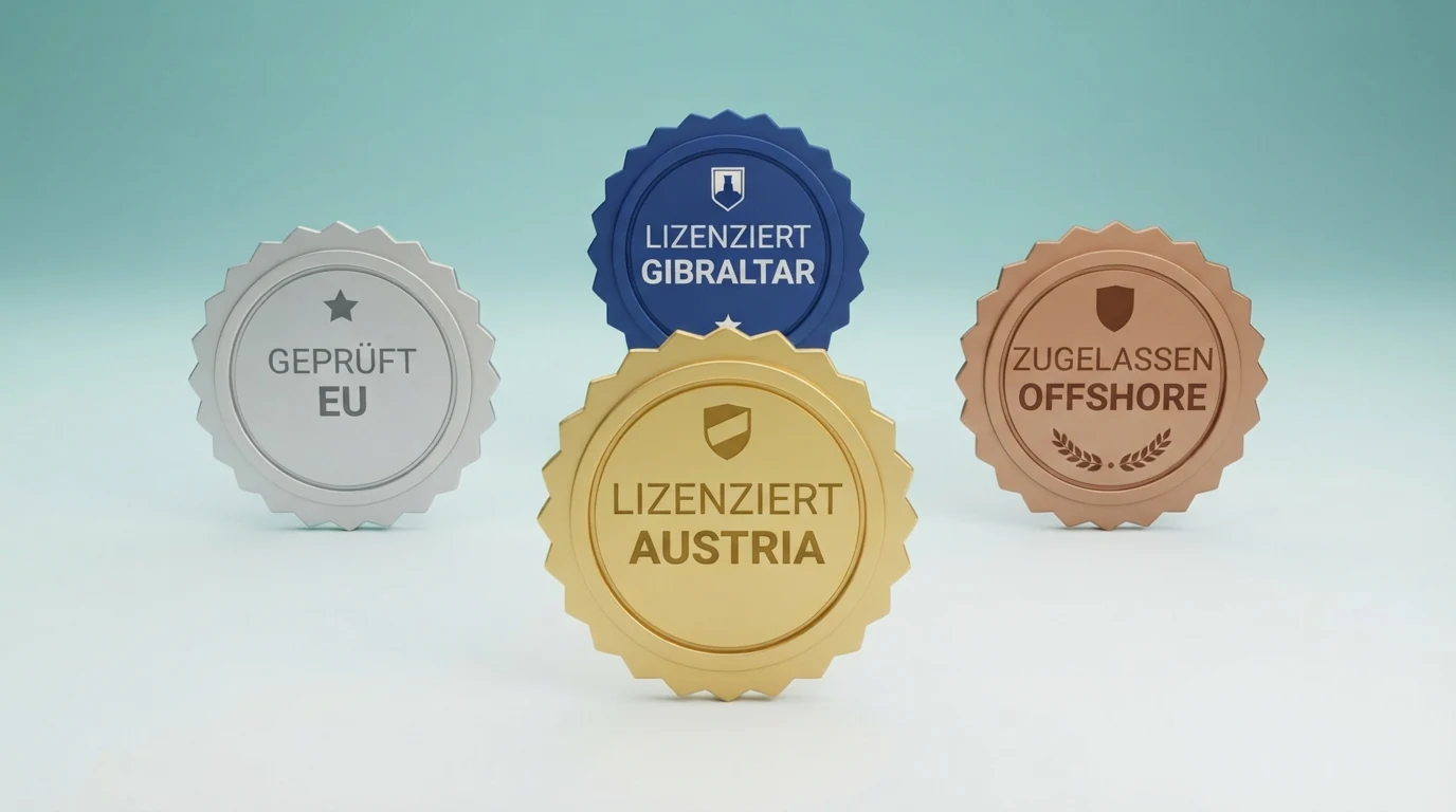 Vergleich der Casino-Lizenzen: BMF-Konzession Österreich, MGA Malta, Curaçao eGaming und Gibraltar als Symbole mit Länderzuordnung