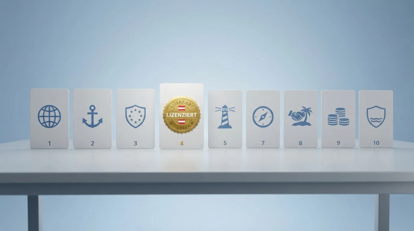 Eine vergleichende Darstellung der zehn vorgestellten Casinos mit Hervorhebung des Lizenzstatus — ein Symbol für die AT-Konzession, neun für Offshore-Lizenzen