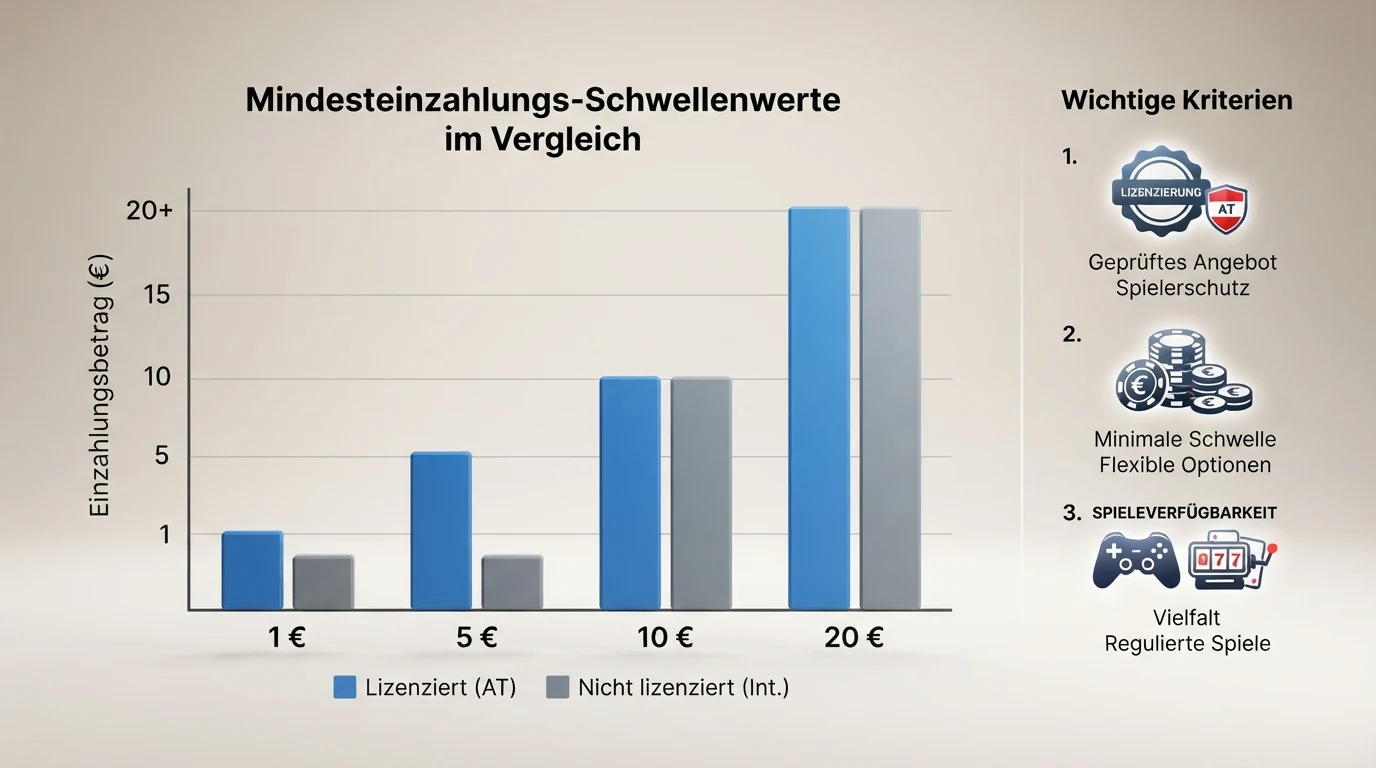 Eine tabellarische Visualisierung mit den drei Spalten „Lizenzstatus“, „Mindesteinzahlung“ und „Spielanbieter“ — abstrakte Balken und Icons, keine echten Betreiber-Logos