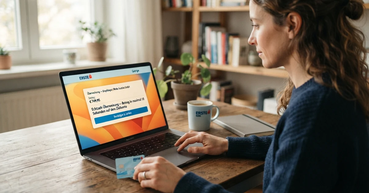 Ein österreichischer Bankkunde tätigt eine Online-Überweisung am Laptop-Bildschirm, das Bankinterface zeigt den Hinweis „Echtzeit-Überweisung — Betrag in maximal 10 Sekunden auf dem Zielkonto“