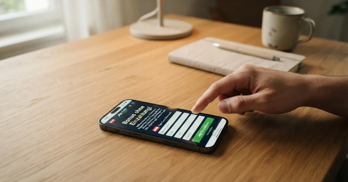 Eine Nahaufnahme eines Smartphone-Bildschirms mit der Registrierungsseite eines Online-Casinos, auf der ein Bonus-ohne-Einzahlung-Angebot hervorgehoben ist
