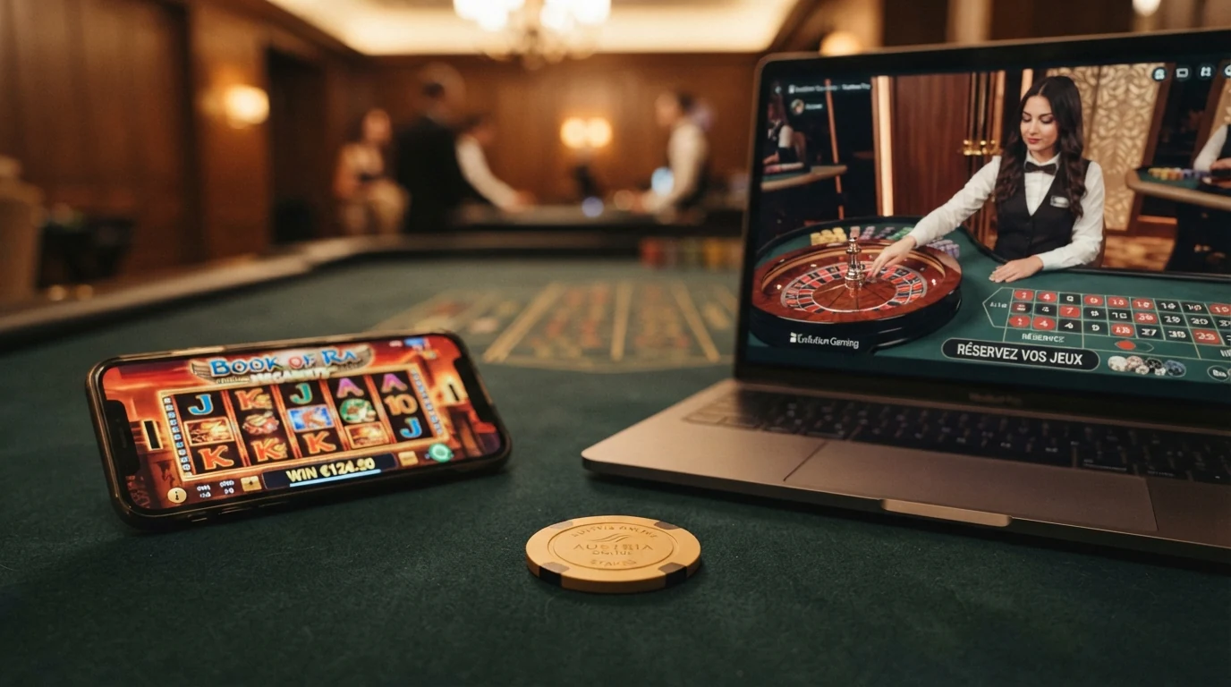 Eine Collage aus Slot-Walzen, einem Live-Roulette-Tisch und den Logos der wichtigsten Provider (Greentube, NetEnt, Pragmatic Play).