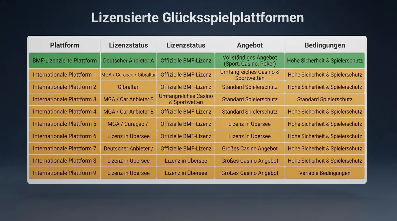 Vergleichstabelle mit Casino-Namen, Bonusbeträgen und farblich markierten Lizenzstatus-Angaben