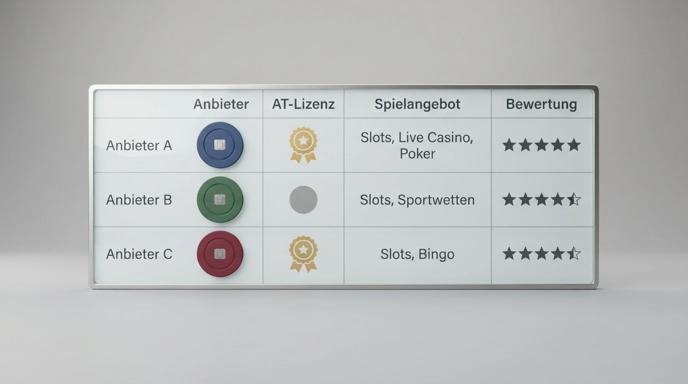 Eine übersichtliche Vergleichstabelle mit Casino-Namen, farblich markierten Lizenzstatus-Symbolen und Mindesteinsatz-Angaben