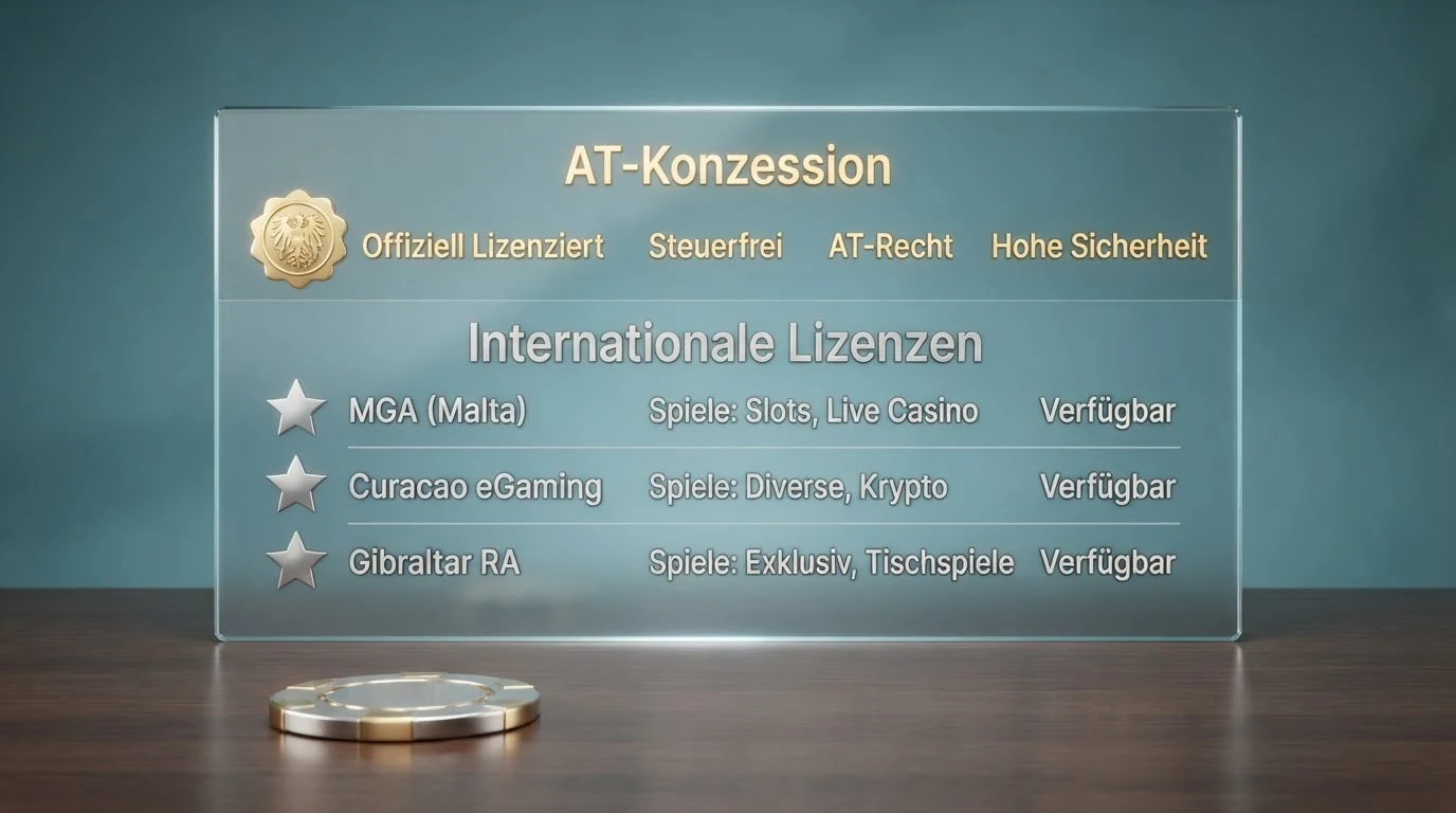 Übersichtliche Vergleichstabelle mit den zehn geprüften Online-Casinos, farblich getrennt nach AT-Konzession und Offshore-Lizenz