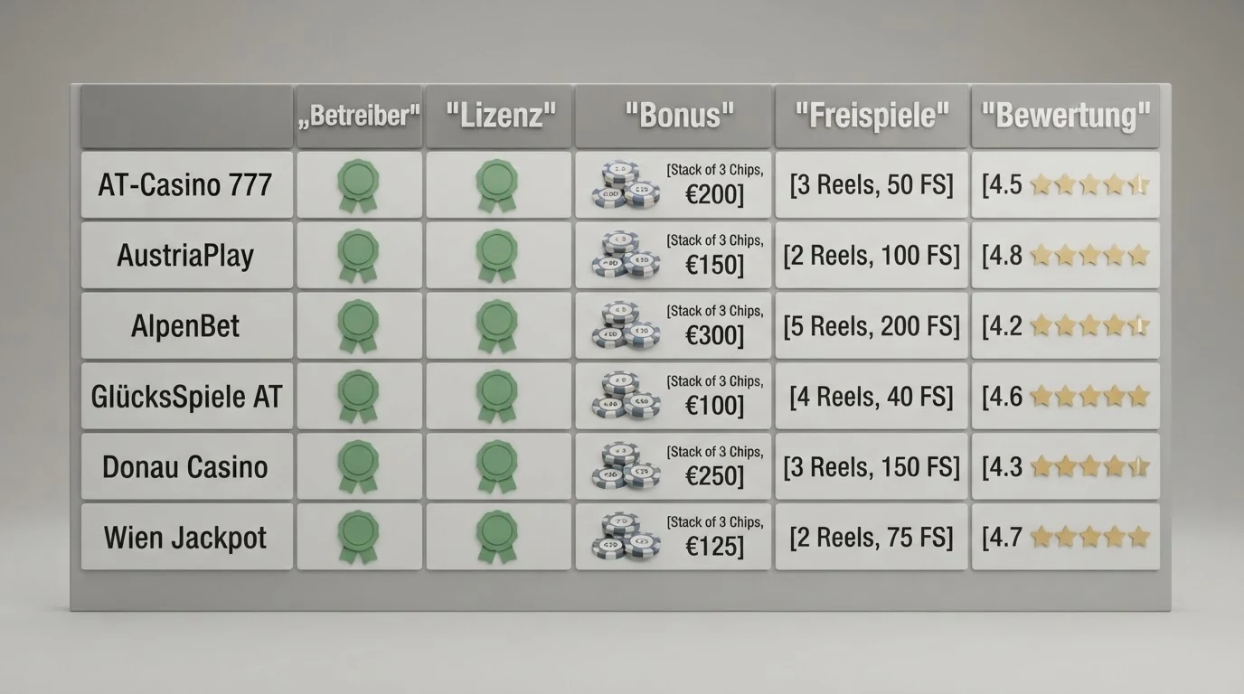 Eine tabellarische Übersicht mit Casino-Logos und farblich markierten Feldern für Lizenzstatus, Bonus-Angebot und Freispiele