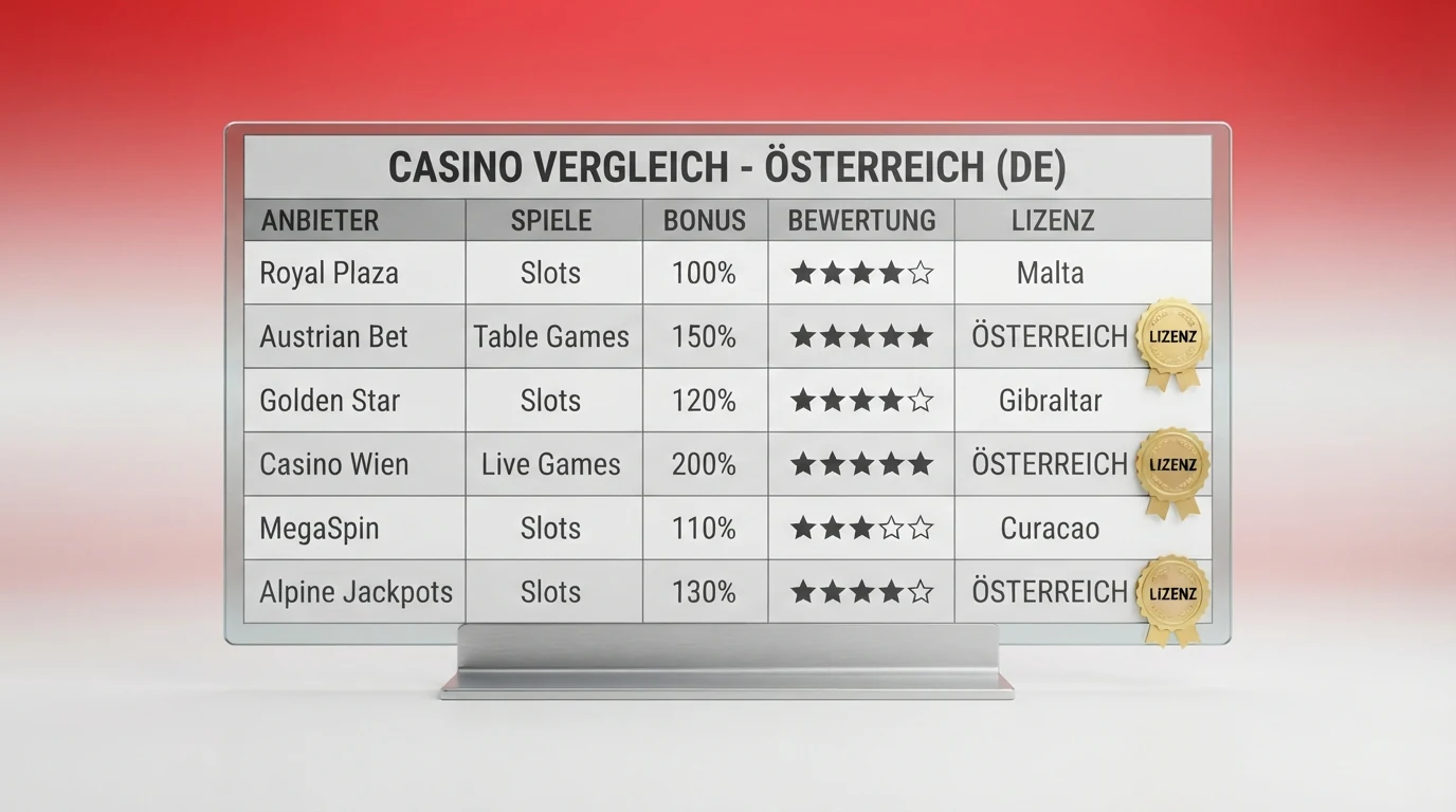 Eine tabellarische Übersicht mit Casino-Namen und farblich markierten Lizenz-Symbolen, darauf ein Icon der österreichischen Flagge