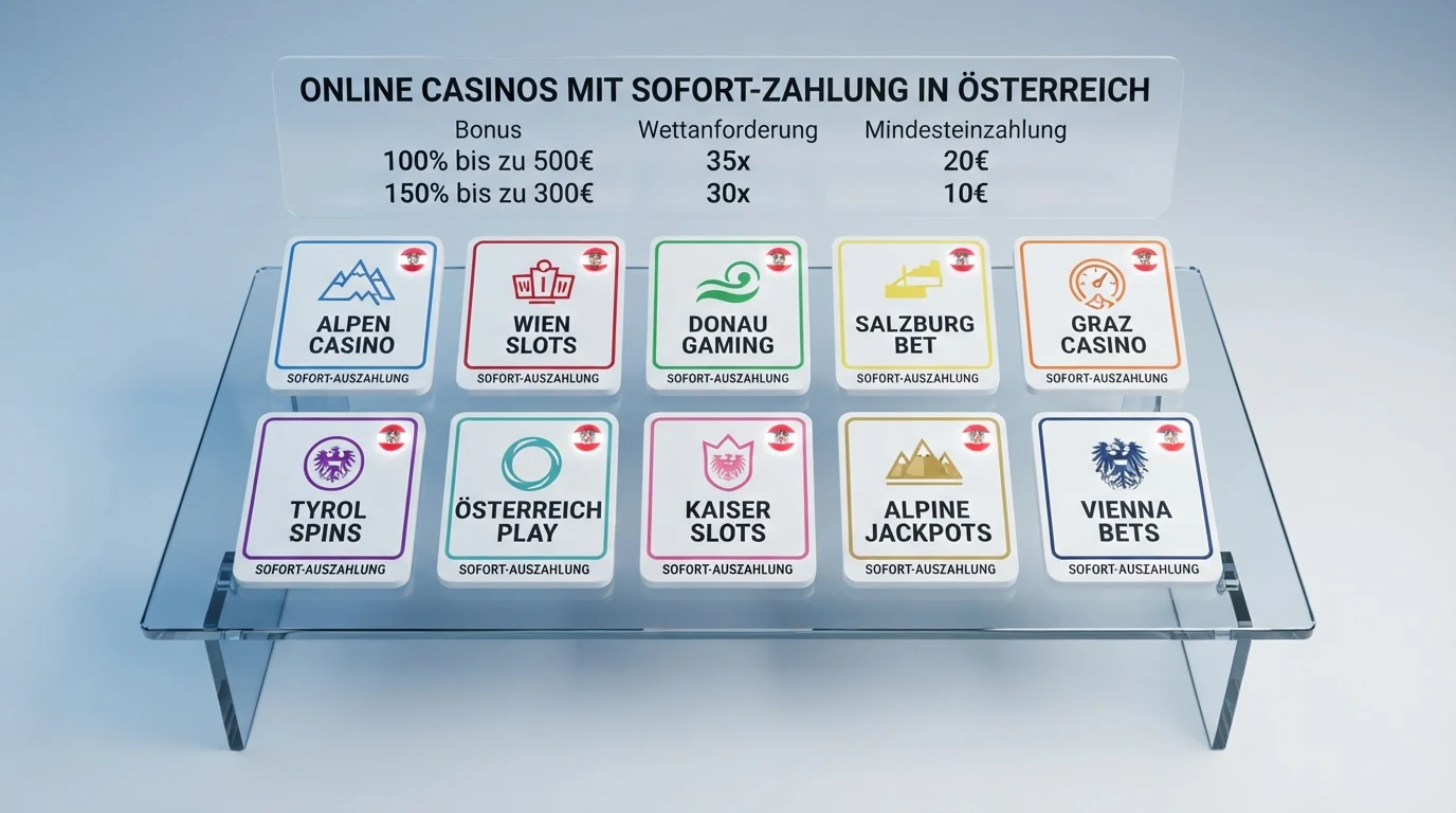 Übersichtliche Vergleichstabelle mit zehn Casino-Logos, Lizenzangaben und Bonus-Kennzahlen