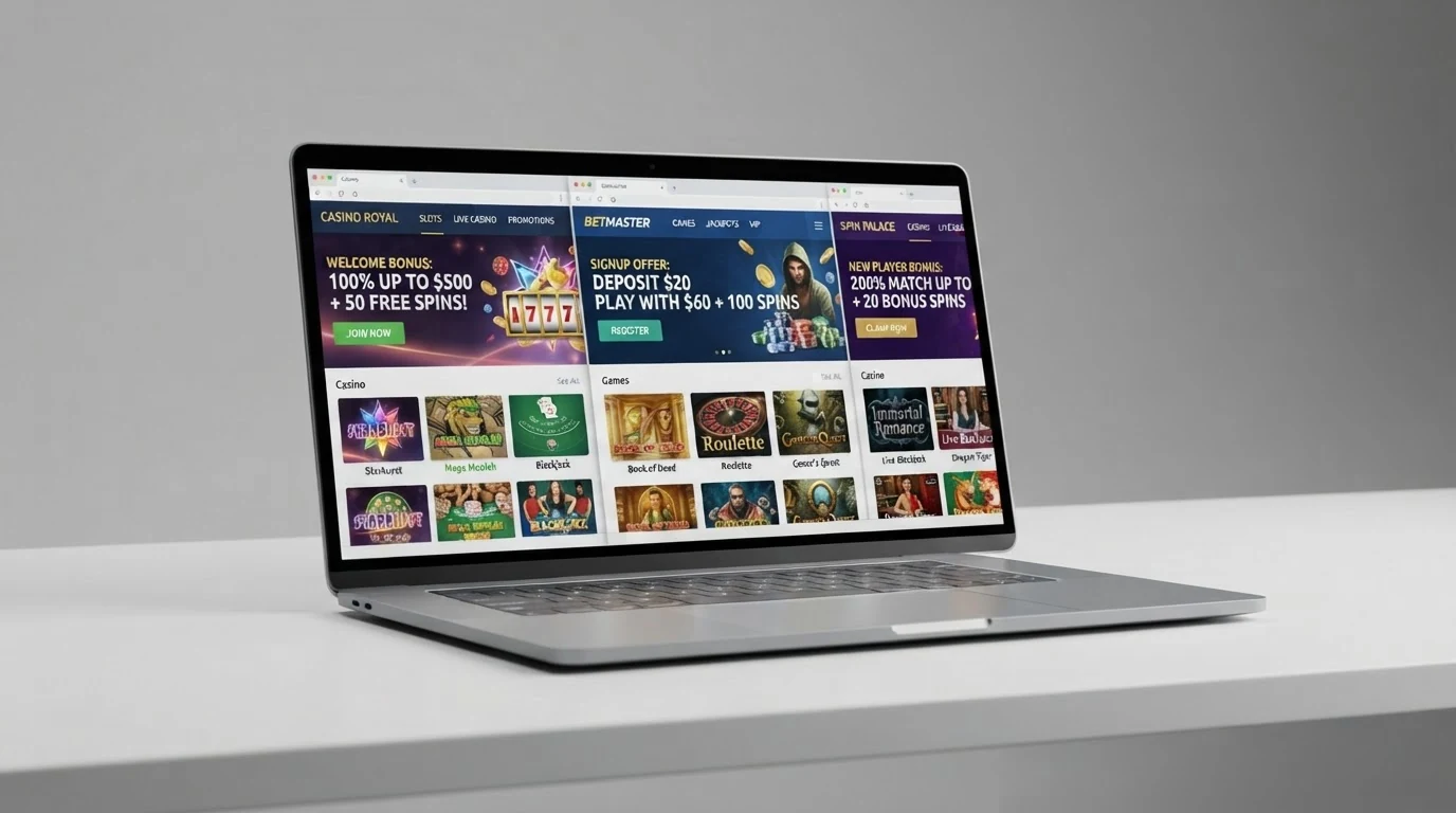 Drei nebeneinanderliegende Casino-Startseiten auf einem Laptop-Bildschirm mit hervorgehobenen Willkommensbonus-Bannern