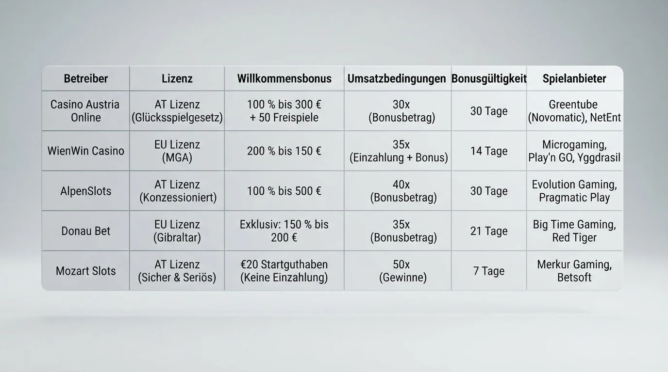 Vergleichstabelle der zehn geprüften Spielautomaten-Casinos mit Spalten für Lizenz, Bonus und Spielanbieter