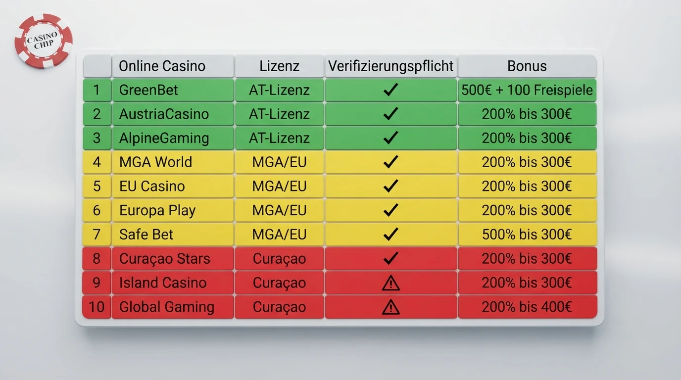 Eine tabellarische Übersicht mit zehn Casinos in Zeilen, farblich abgesetzt: grün für den lizenzierten Anbieter, gelb für MGA/EU, rot für Curaçao — mit Spalten für Lizenz, Verifizierung und Bonus