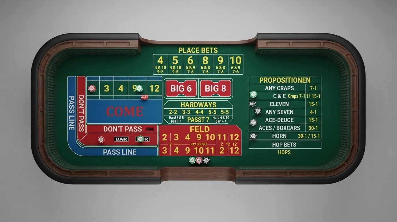 Schematische Draufsicht eines Craps-Tisches mit farblich hervorgehobenen Wettbereichen für Pass Line, Don't Pass, Come und Field-Wetten