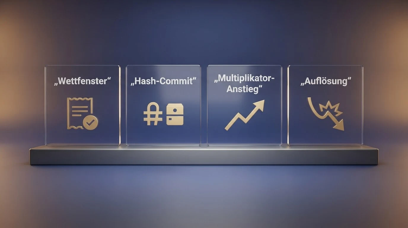 Schematische Darstellung der vier Phasen einer Crash-Runde: Wettfenster, Hash-Commit, Multiplikator-Anstieg und Auflösung nach dem Absturz.
