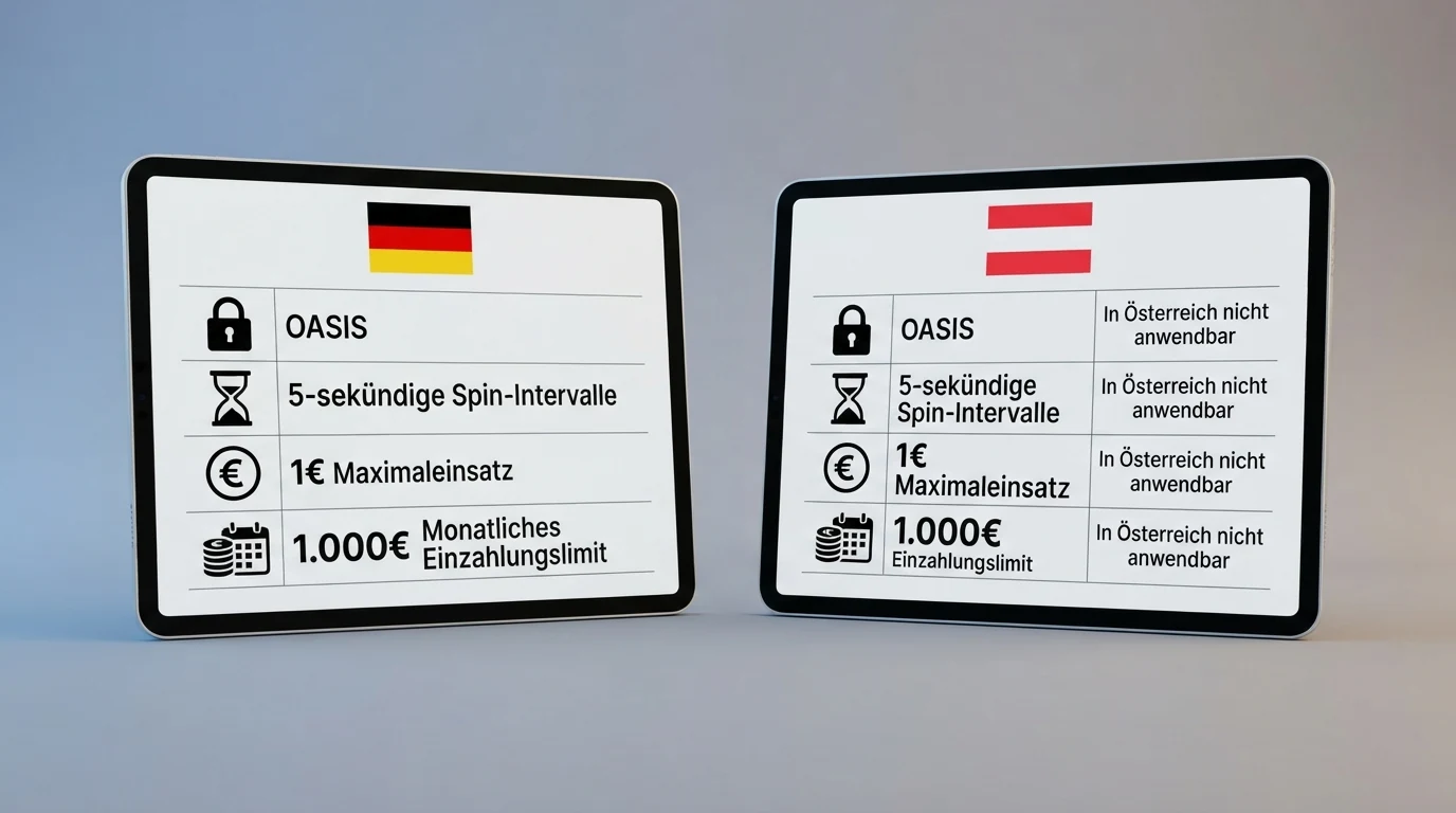 Eine tabellarische Gegenüberstellung: links die deutschen Limits (OASIS, 5 Sek., 1 €, 1.000 €), rechts „in Österreich nicht anwendbar“