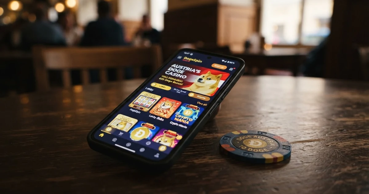 Eine Nahaufnahme eines Smartphone-Bildschirms mit einer Dogecoin-Casino-Startseite, im Hintergrund eine DOGE-Münze auf einem dunklen Tisch