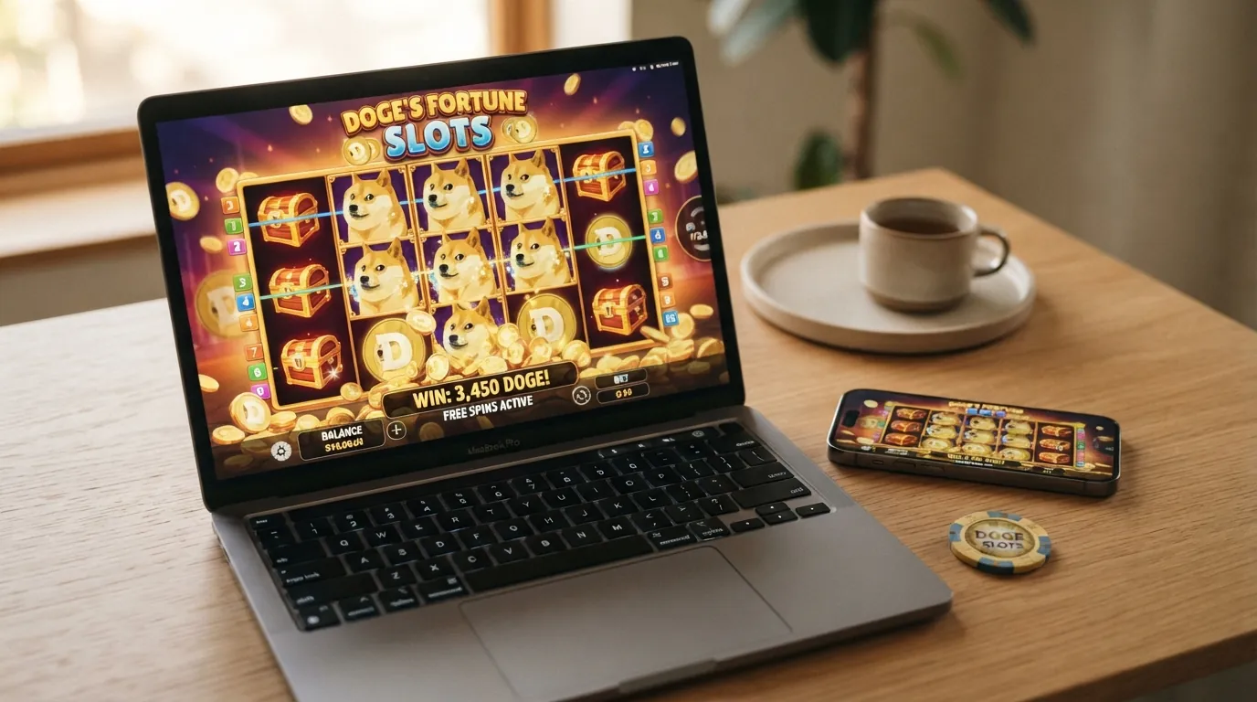 Ein farbenfroher Slot-Spielautomat mit Hunde-Motiv auf einem Laptop-Bildschirm, daneben liegt ein Smartphone mit geöffneter Krypto-Wallet