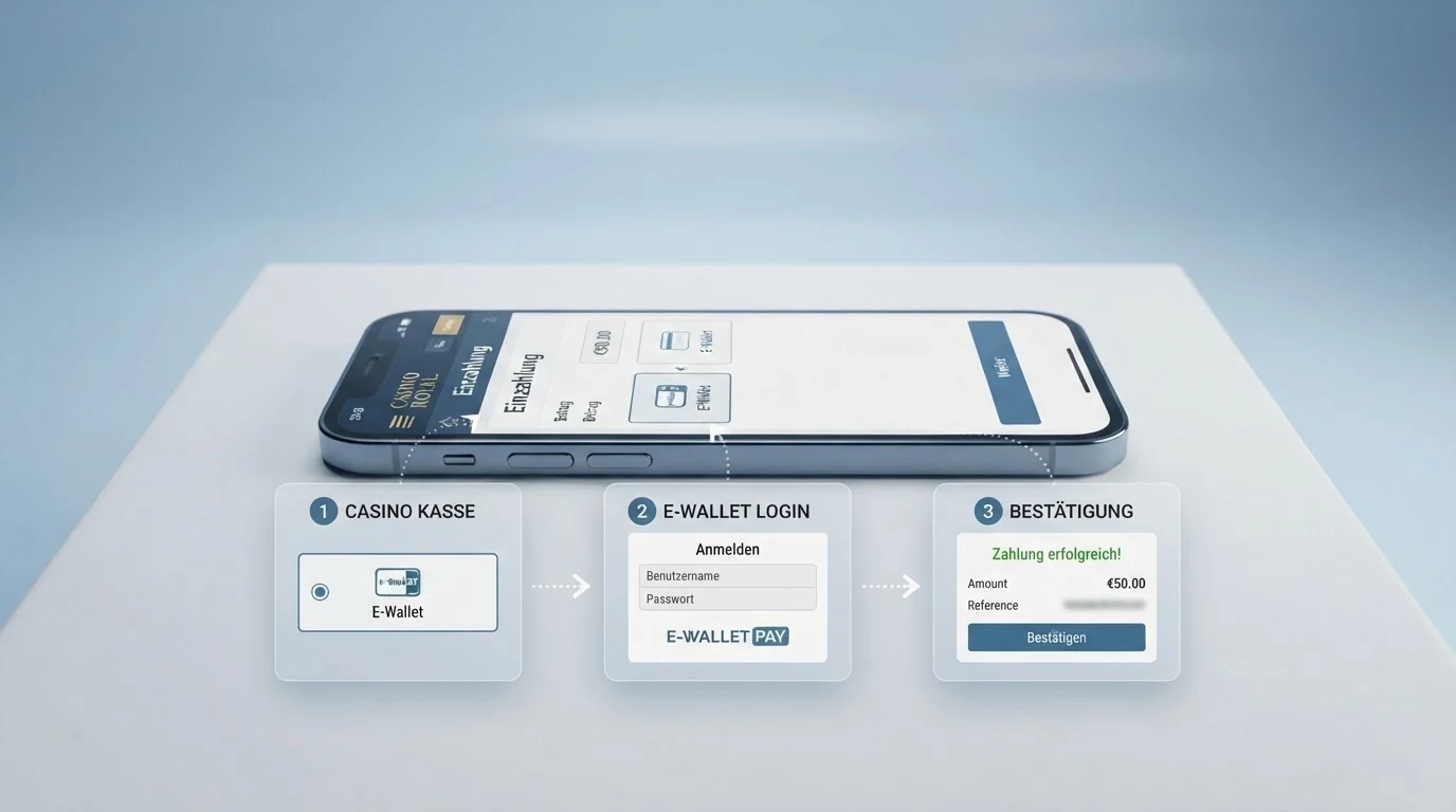 Eine schematische Darstellung des ecoPayz-Einzahlungsvorgangs mit den Stationen Casino-Kasse, ecoPayz-Login und Bestätigungsseite